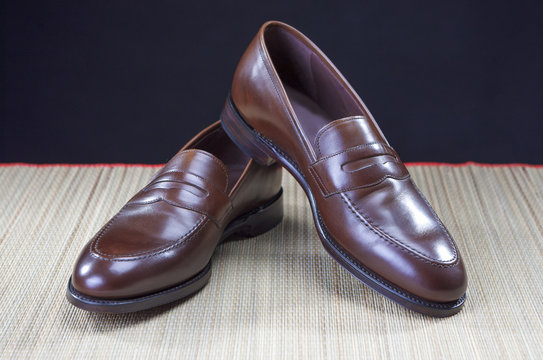 Mens Footwear Concepts. Pair of Stylish Brown Penny Loafer Shoes