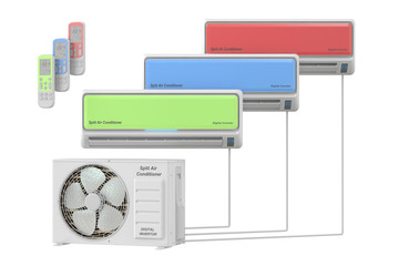 modern air conditioner system with units and remote control, 3D
