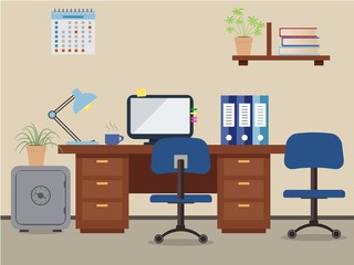 Workplace of office worker. Vector flat illustration. On the picture the desktop, a chairs, the  computer,  a safe, folders, a lamp and other objects in blue colors are represented