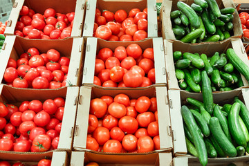 boxes with cucumbers and tomatoes in supermarket. Healthy Eating