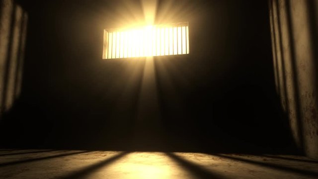  4K Lightrays Shine through Rails in Demolished Solitary Confinement Prison Cell 3D Animation