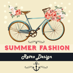 Vector background with flowers and bike Tshirt print with roses