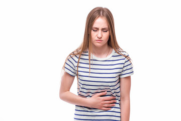 Fototapeta premium Closeup portrait of young unhappy, annoyed, sick woman about to chuck, throw up, retch barf, hurl isolated on white background.