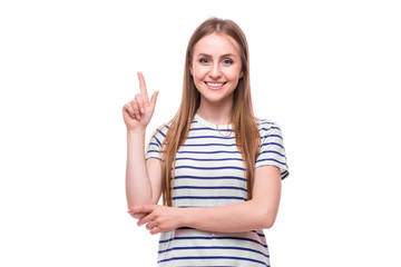 Young girl have idea on white background