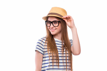 Young happy tourist  girl with hat and glasses on white backgrount