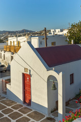 Fototapeta na wymiar Typical White orthodox church in Mykonos, Cyclades Islands, Greece