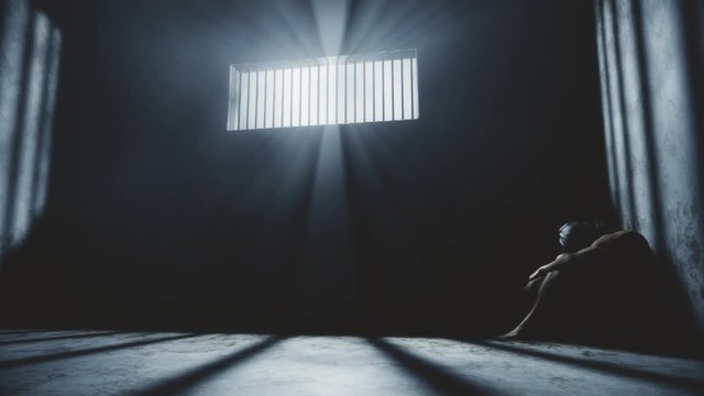  4K Prisoner in Bad Condition in Demolished Solitary Confinement under Lightrays 3D Animation