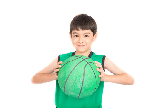 Little Boy Playing Greea Basketball In Green PE Uniform Sport  On White Background