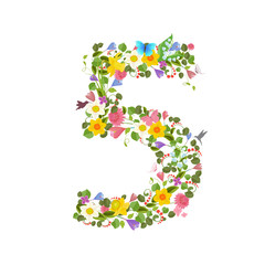 ornate font consisting of the spring flowers and flying hummingb
