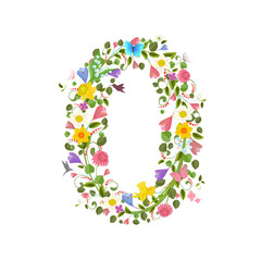 ornate font consisting of the spring flowers and flying hummingb