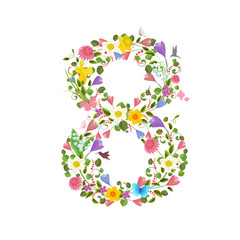 ornate font consisting of the spring flowers and flying hummingb