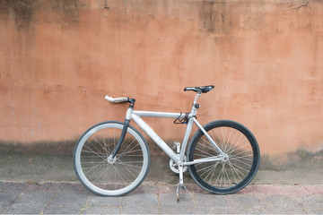 Fototapeta na wymiar City bicycle fixed gear and red wall, vintage bike. Retro stylis