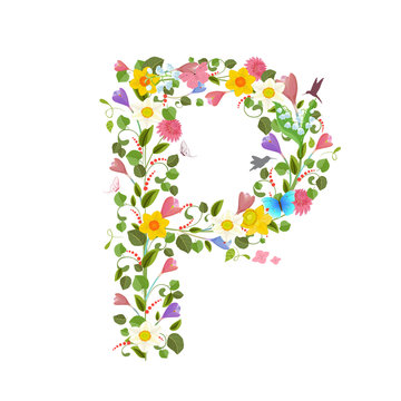 ornate capital letter font consisting of the spring flowers and