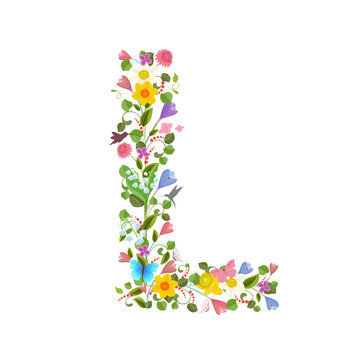 ornate capital letter font consisting of the spring flowers and