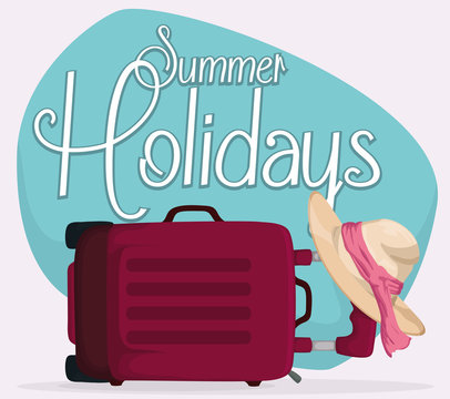 Suitcase Lay Down with Elegant Hat and Summer Holidays Sign, Vector Illustration