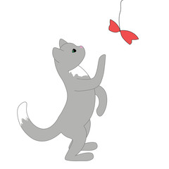 The little grey kitten standing on its hind legs. Cartoon kitty looking for a toy. Gray kitten with a white tail and breast.
