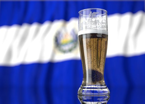 a glass of beer in front a salvadoran flag. 3D illustration rendering.