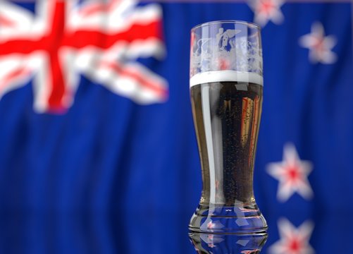 a glass of beer in front a new zealand flag. 3D illustration rendering.