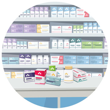 Modern interior pharmacy and drugstore. Banner. Sale of vitamins and medications. Funny cartoon flat vector simple illustration.