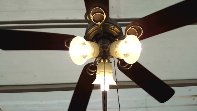Closeup of the vintage fan lamp hanging on the ceiling.