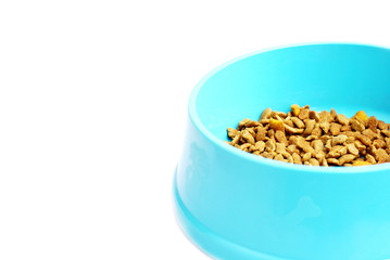 Cat food in blue bowl isolated on white background