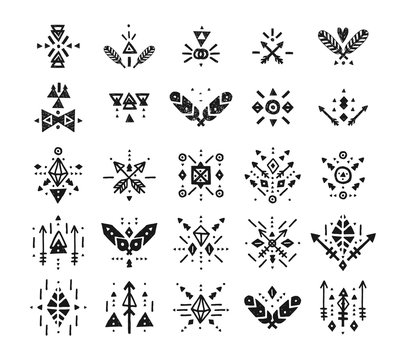 Handdrawn tribal patterns with line, arrow, feathers, decorative elements, boho symbols Aztec style. Boho pattern, tribal logo, hipster shapes