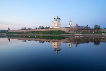 Pskov Kremlin and the river Great, evening in may. Pskov, Russia