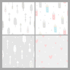Baby shower seamless backgrounds. Pastel colors. Kids pattern with feathers, arrows, hearts and nipples, boho style - 114338448