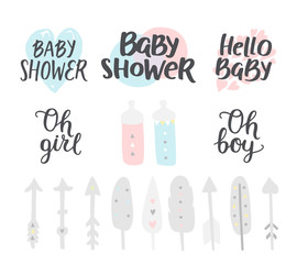 Baby shower girl and boy, vector elements. Hand drawn text, feathers, nipples and arrows for design shower invitations, posters and cards