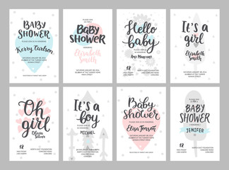Fototapeta Baby shower girl and boy posters, vector templates. Baby shower pastel invitations with hearts, arrows, feathers and hand drawn text on white background obraz