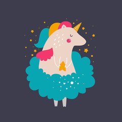 Vector baby unicorn. Kids illustration for design prints, cards and birthday invitations. Girl cards with cute unicorn and stars
