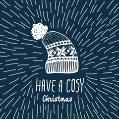 Christmas vintage card with with hand drawn knitted winter hat and text 'Have a Cosy Christmas'