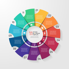 Vector circle infographic template for graphs, charts, diagrams. Pie chart concept with 11 options, parts, steps, processes.
