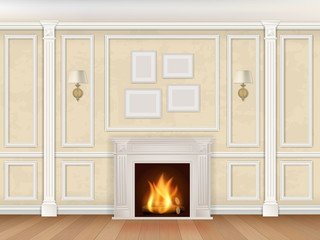 Classic interior wall with fireplace, sconces and pilasters. Vector realistic illustration. Interior background. - obrazy, fototapety, plakaty