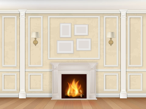 Classic interior wall with fireplace, sconces and pilasters. Vector realistic illustration. Interior background.