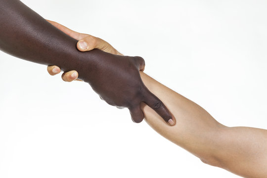 Interracial forearm shake,  helping , humanity and brotherhood concept. White background