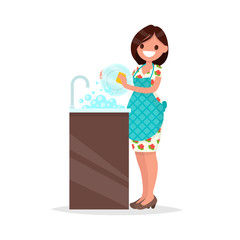 Housewife. The woman wearing in an apron is washing dishes. Vect