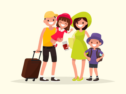Happy family is going on the summer vacation. Vector illustratio