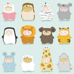 Set of kids in cute animal costumes 2 , vector , illustration