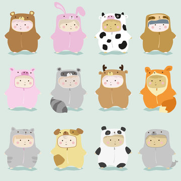 Set of kids in cute animal costumes 1 , vector , illustration