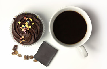 Black coffee, chocolate cupcake, cane sugar and chocolate