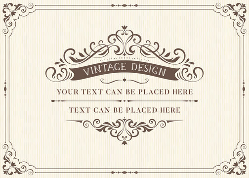 Ornate vintage card design with ornamental flourishes frame. Use for wedding invitations, royal certificates, greeting cards, menus, covers, posters, brochures and flyers. Vector illustration.
