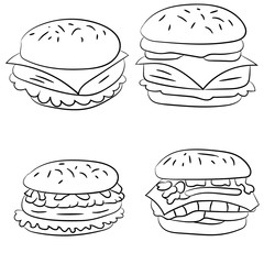 A set of illustrations of hamburgers, cheeseburgers, fast food