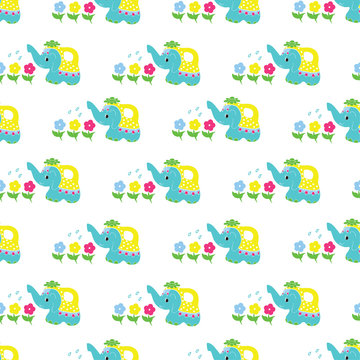 Beautiful multi-colored elephant watering the flowers seamless pattern