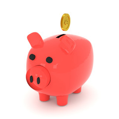 3D rendering of piggy bank and a golden coin