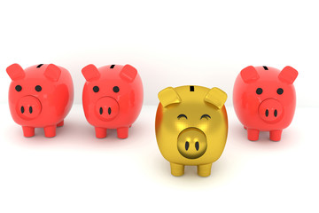 3D rendering of Golden piggy bank standing out from the others