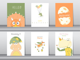 Set of birthday cards,poster,template,greeting cards,animals,dinosaurs,eggs,Vector illustrations