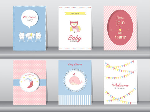 Set of baby shower invitation cards,poster,template,greeting cards,animals,owls,dog,whale,Vector illustrations