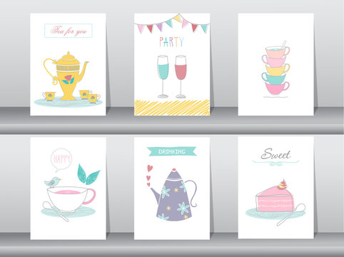 Set of cute drinking and tea time poster concept,template,cards,cup,teapot,Vector illustrations