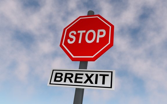The road sign for Great Britain leaving EU. On the sign write STOP and BREXIT. 3D rendering.